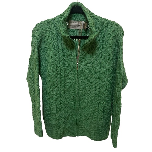 Aran Sweater Market Fisherman Merino Wool Cable Knit Zip Cardigan Green M NWT - Picture 2 of 14